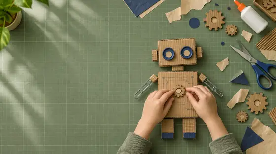Intelligence artificielle et robotique : les mains d’un enfant assemblent un petit robot en carton sur une table d’atelier verte