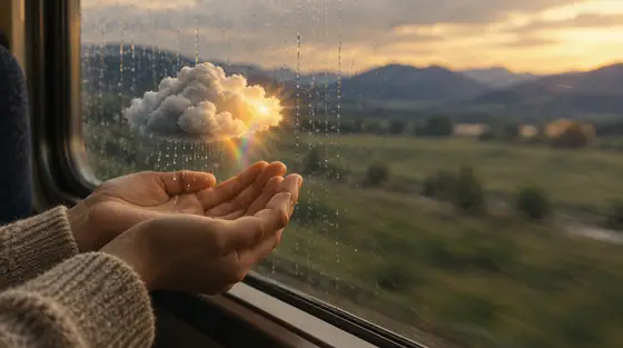 Intelligence émotionnelle : mains ouvertes près d’une fenêtre de train, sous un petit nuage où la pluie laisse place au soleil et à un arc-en-ciel