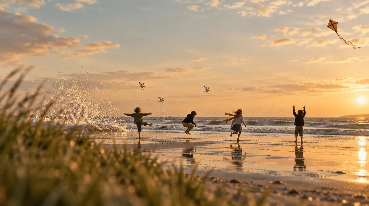Quatre enfants figés comme des statues sur une plage à marée basse au coucher du soleil, au milieu d’une vague éclaboussante, de mouettes et d’un cerf-volant, herbes des dunes au premier plan.