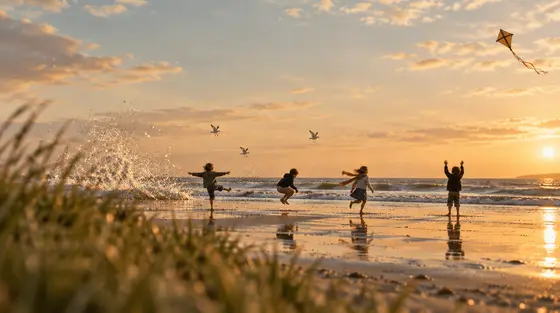 Quatre enfants figés comme des statues sur une plage à marée basse au coucher du soleil, au milieu d’une vague éclaboussante, de mouettes et d’un cerf-volant, herbes des dunes au premier plan.