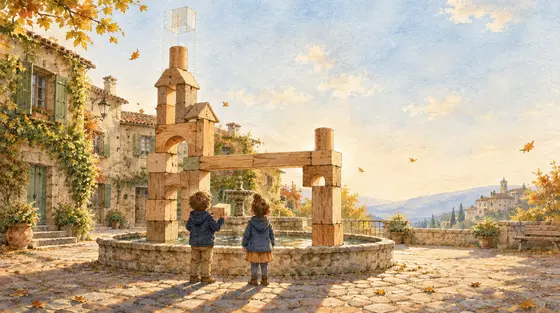 Jeux de construction : deux jeunes enfants de dos, sur une place de village en automne, imaginent où poser le prochain bloc de leur grande tour en bois