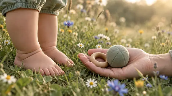 Jeux éducatifs 1 an : pieds de bébé dans une prairie fleurie et main d’adulte tenant un anneau en bois et une balle en tissu