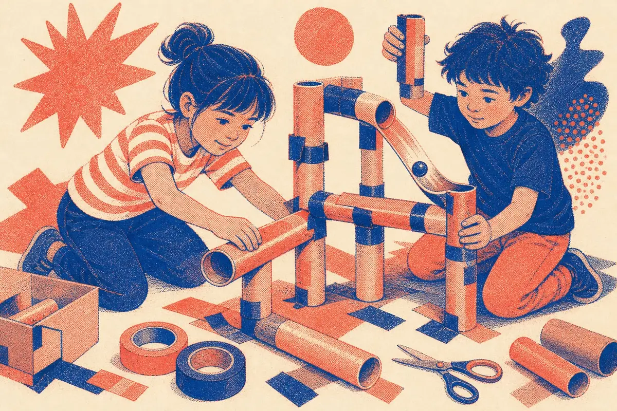 Deux enfants construisent un circuit de billes avec des tubes en carton