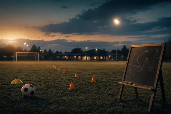 Un terrain de foot d'école au soleil couchant, des plots en slalom et un tableau de tactique à la craie
