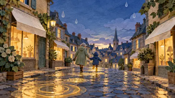 Jeux pour apprendre à lire : une grand-mère et un enfant sautent de flaque en flaque dans une rue pavée, chaque flaque dessinant des ondes lumineuses comme des syllabes