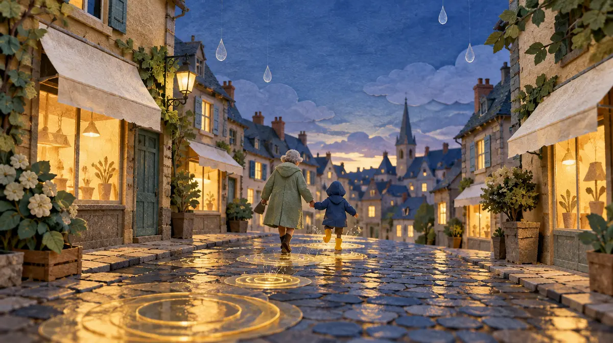 Jeux pour apprendre à lire : une grand-mère et un enfant sautent de flaque en flaque dans une rue pavée, chaque flaque dessinant des ondes lumineuses comme des syllabes