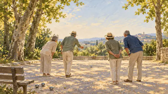 Jeux pour personnes âgées : quatre seniors de dos jouant à la pétanque sous des platanes, en plein soleil