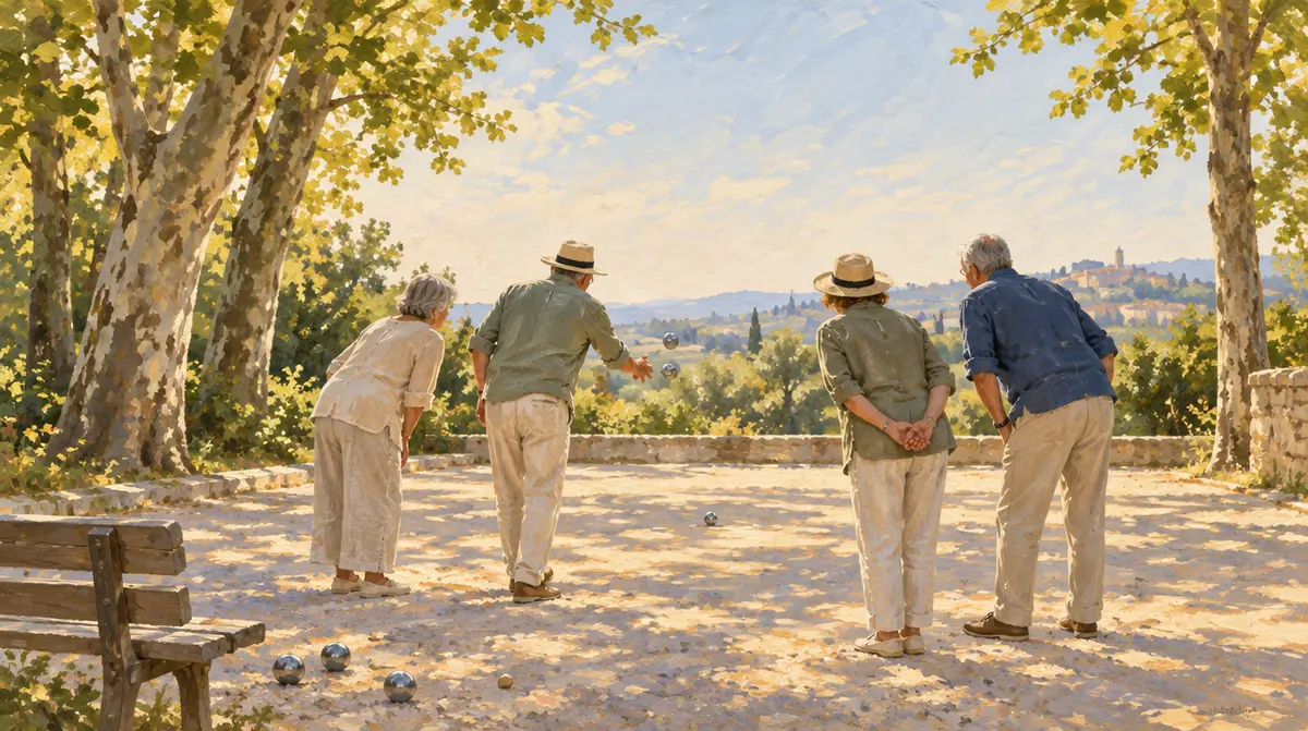 Jeux pour personnes âgées : quatre seniors de dos jouant à la pétanque sous des platanes, en plein soleil
