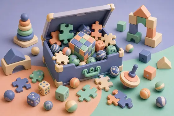 Une boîte à jouets renversée : pièces de puzzle, dés, cube et billes, en 3D douce