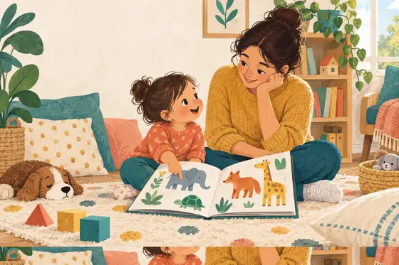 Illustration d’une enfant montrant un animal dans un album pendant qu’un adulte l’écoute.