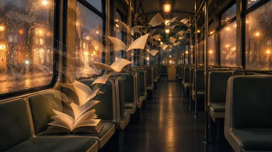 Lecture rapide : les pages d’un livre ouvert s’envolent dans un tramway vide la nuit, sous des vitres embuées aux lumières chaudes