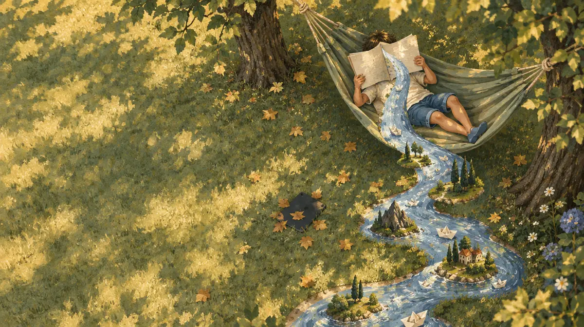 Lecture sur écran ou sur papier : vue du dessus d’un enfant lisant un livre papier dans un hamac, les lignes du livre deviennent une rivière, une tablette oubliée dans l’herbe