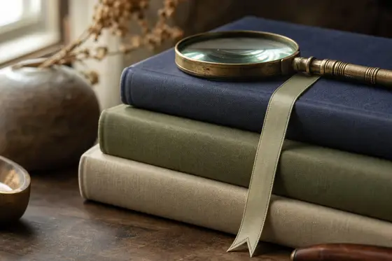 Une pile de livres reliés, une loupe en laiton et un signet sur un bureau en bois sombre