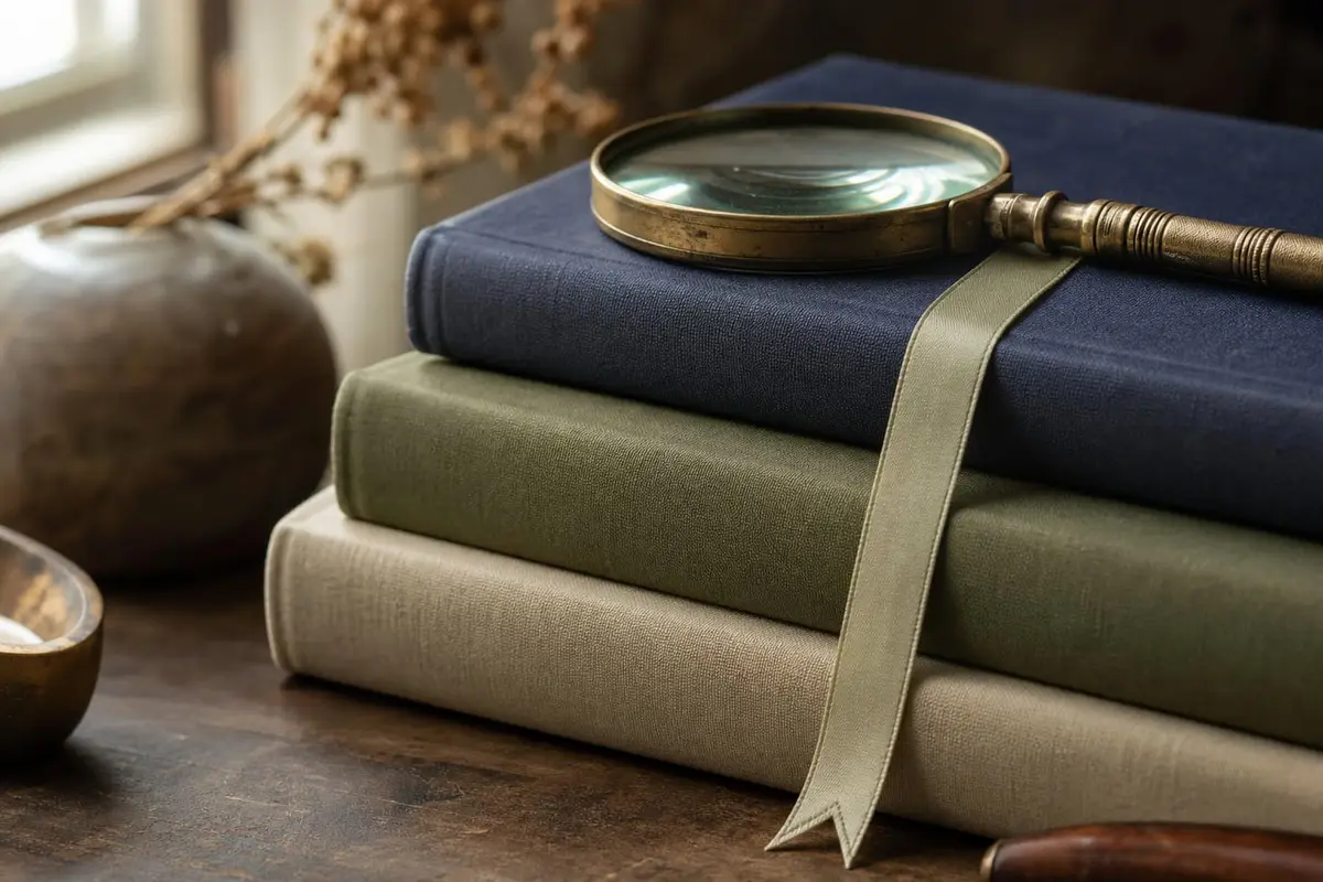 Une pile de livres reliés, une loupe en laiton et un signet sur un bureau en bois sombre