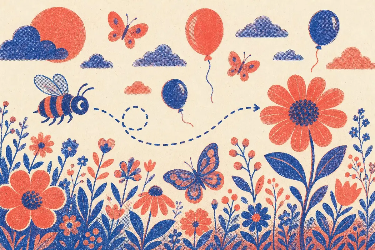 Une abeille suit un chemin pointillé au milieu de formes qui distraient, jusqu'à une seule fleur