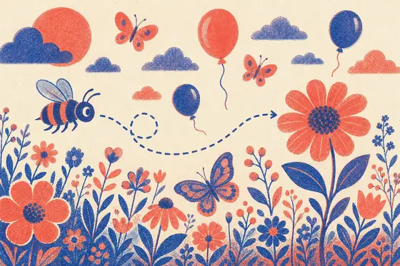 Une abeille suit un chemin pointillé au milieu de formes qui distraient, jusqu'à une seule fleur