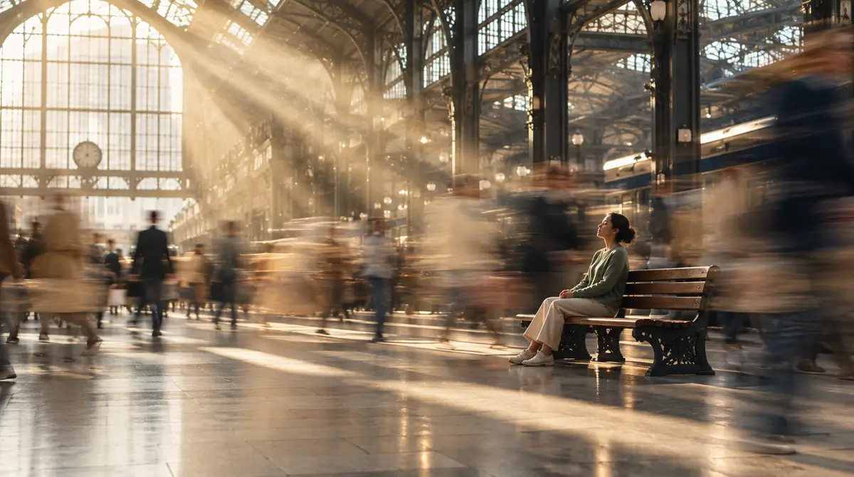 Méditation de pleine conscience : une femme assise sereine sur un banc de gare tandis que la foule file en flou autour d’elle