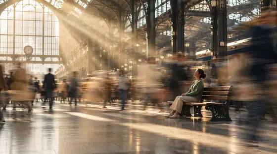 Méditation de pleine conscience : une femme assise sereine sur un banc de gare tandis que la foule file en flou autour d’elle
