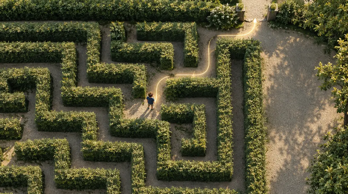 Jeu de logique 8 ans : un enfant réfléchit au cœur d’un labyrinthe de haies vu du ciel