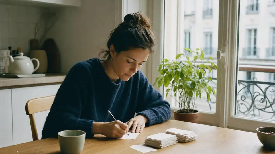 Une femme écrit des fiches de révision à une table de cuisine baignée de lumière du matin
