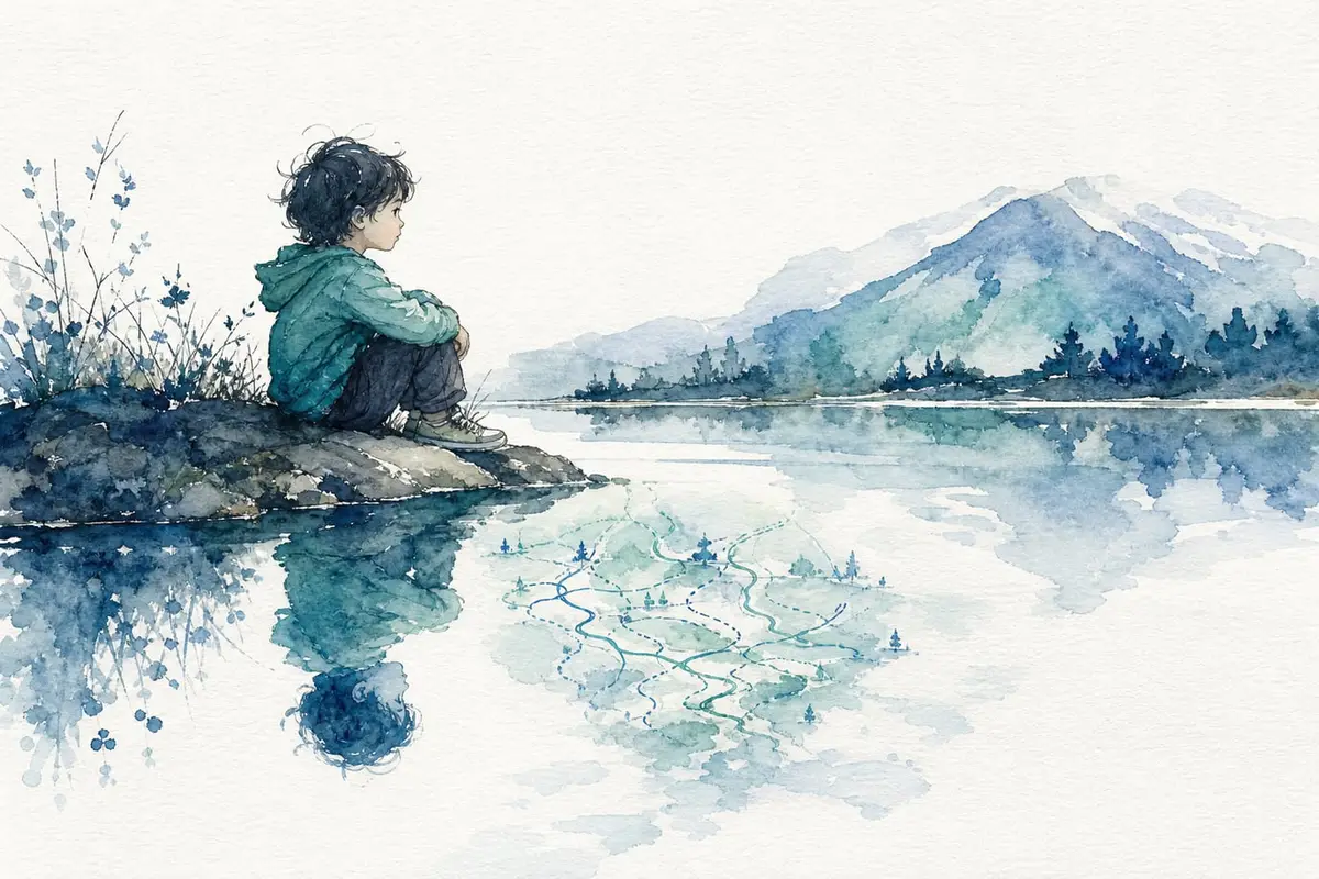 Un enfant au bord d'un lac, son reflet dessine une carte de chemins au-dessus de sa tête