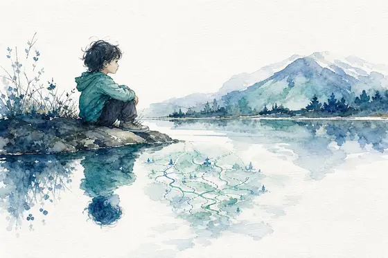 Un enfant au bord d'un lac, son reflet dessine une carte de chemins au-dessus de sa tête