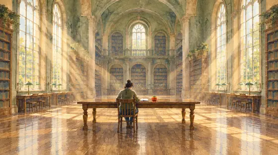 Méthode Pomodoro : une personne seule travaille à une longue table dans une grande bibliothèque ancienne baignée de lumière, avec un minuteur en forme de tomate posé devant elle