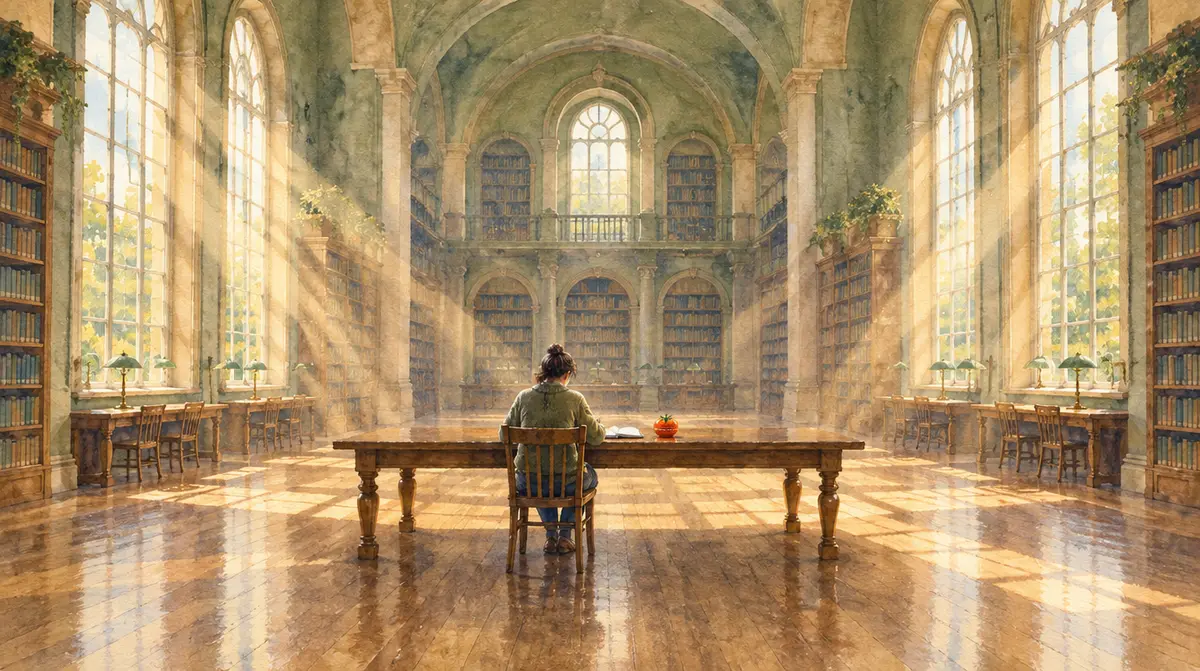 Méthode Pomodoro : une personne seule travaille à une longue table dans une grande bibliothèque ancienne baignée de lumière, avec un minuteur en forme de tomate posé devant elle