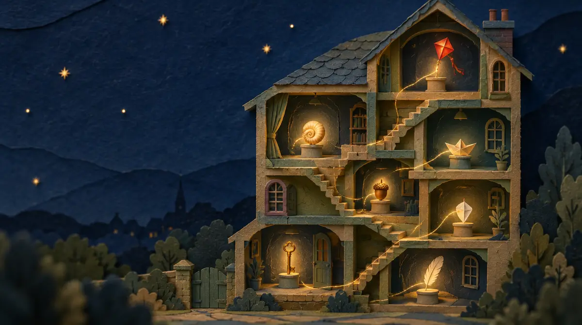 Moyen mnémotechnique : maquette en papier découpé d’une maison de nuit où chaque pièce abrite un objet lumineux, reliés par un fil doré comme un palais de la mémoire