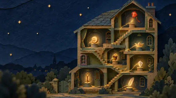 Moyen mnémotechnique : maquette en papier découpé d’une maison de nuit où chaque pièce abrite un objet lumineux, reliés par un fil doré comme un palais de la mémoire