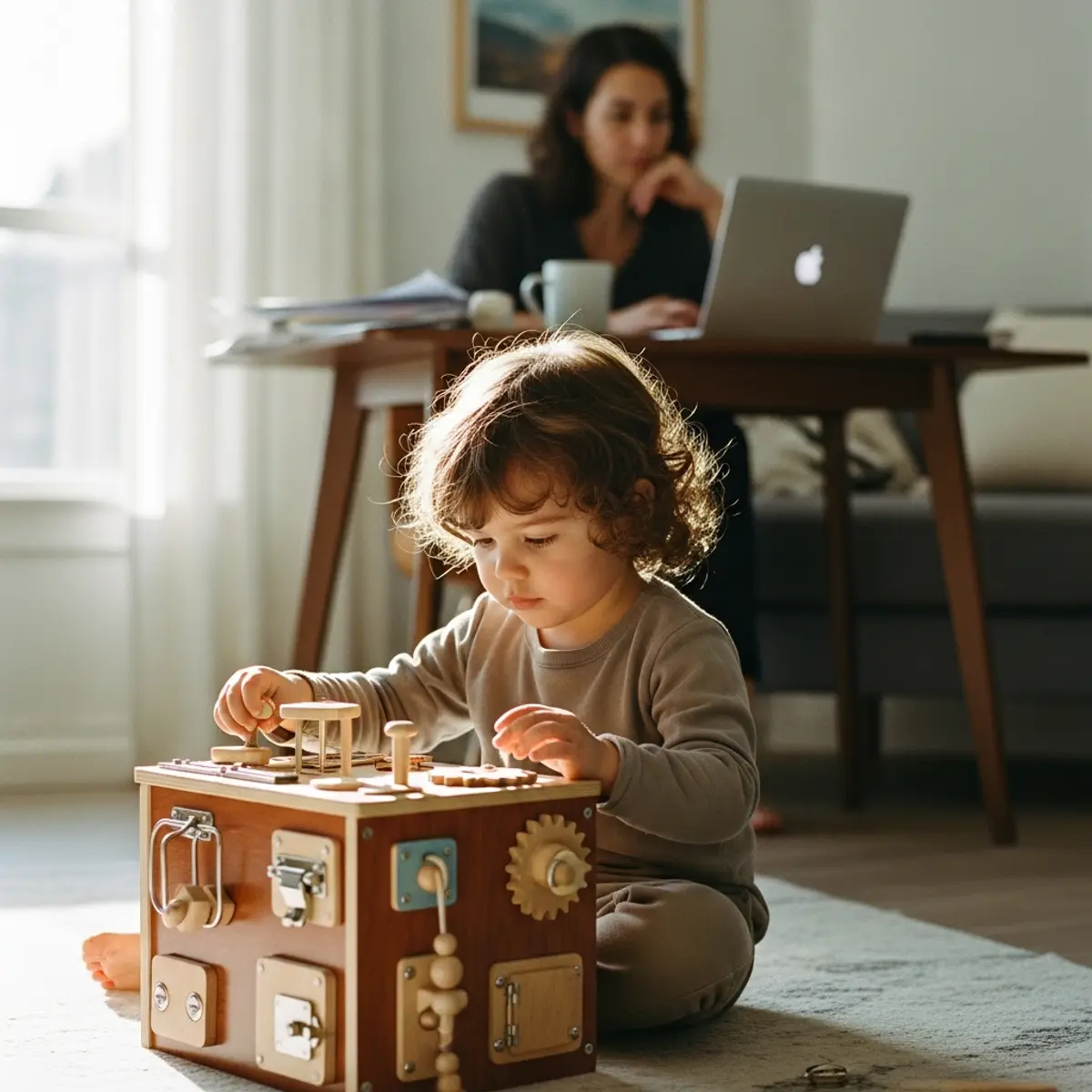Occuper un enfant sans écran avec un busy board pendant qu’un parent travaille
