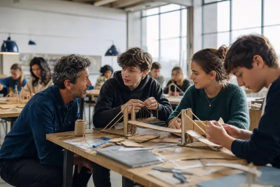 Des élèves construisent un pont en carton, l'enseignante s'accroupit pour poser une question