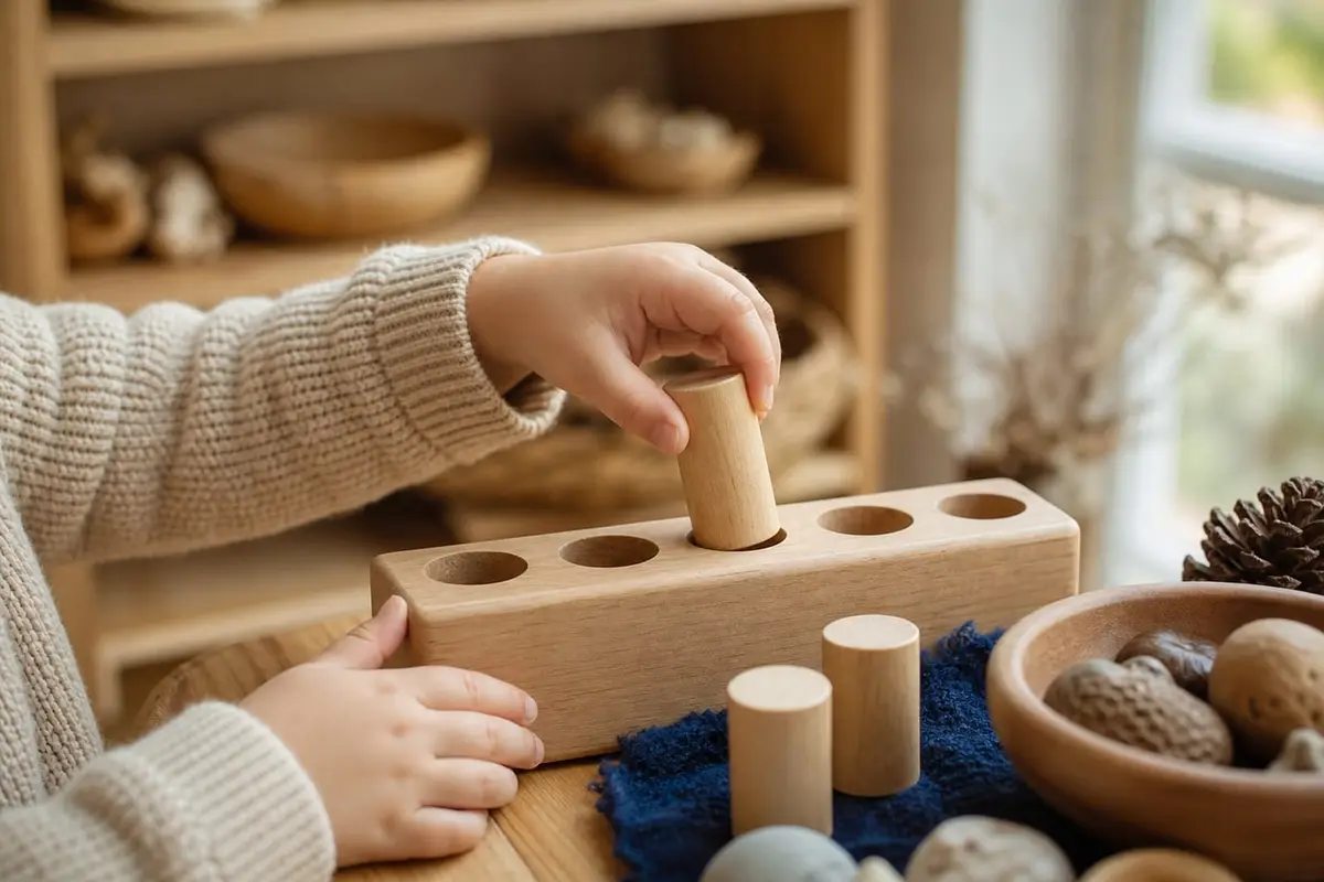 Les mains d'un enfant placent un cylindre dans un bloc en bois