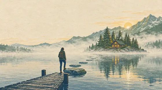 Procrastination : une personne au bout d’un ponton fait le premier pas sur une pierre de gué vers une cabane éclairée, sur un lac de montagne brumeux à l’aube