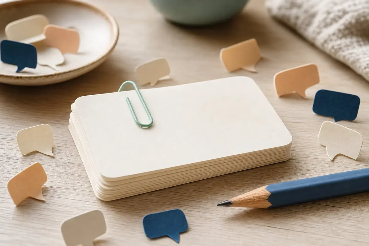 Des fiches vierges, un crayon et de petites bulles en papier sur un bureau en bois clair