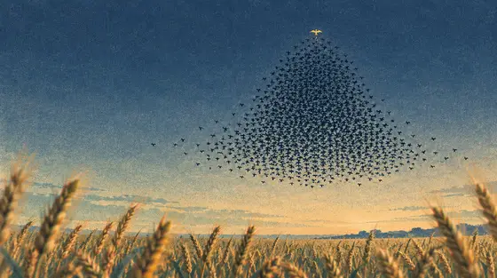 QI moyen : une nuée d’étourneaux forme un nuage symétrique au crépuscule au-dessus d’un champ de blé, un seul oiseau doré au sommet