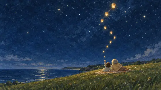 Illustration à la gouache : la nuit, sur une colline au bord de la mer, un jeune enfant et sa grand-mère, vus de dos, regardent le ciel étoilé ; du doigt tendu de l’enfant s’élève une guirlande de petites lanternes lumineuses.