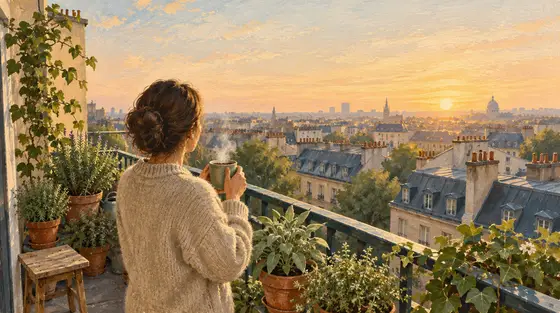 Routine matinale : une personne de dos buvant une boisson chaude sur un balcon fleuri face aux toits au lever du jour