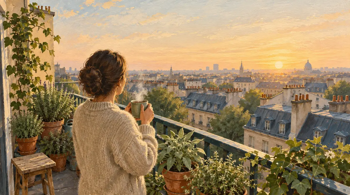 Routine matinale : une personne de dos buvant une boisson chaude sur un balcon fleuri face aux toits au lever du jour