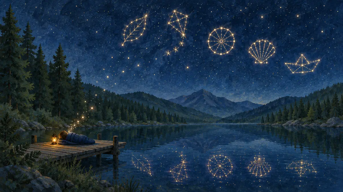Sommeil et apprentissage : un enfant endormi dans un sac de couchage sur un ponton au bord d’un lac de montagne, la nuit, tandis que ses découvertes du jour deviennent des constellations