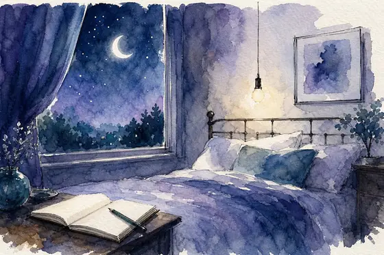Une chambre la nuit : un carnet ouvert sur la table de chevet, la lune à la fenêtre