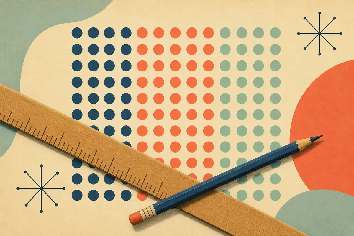Des points colorés alignés en rectangles, avec une règle et un crayon, comme une table de multiplication visuelle