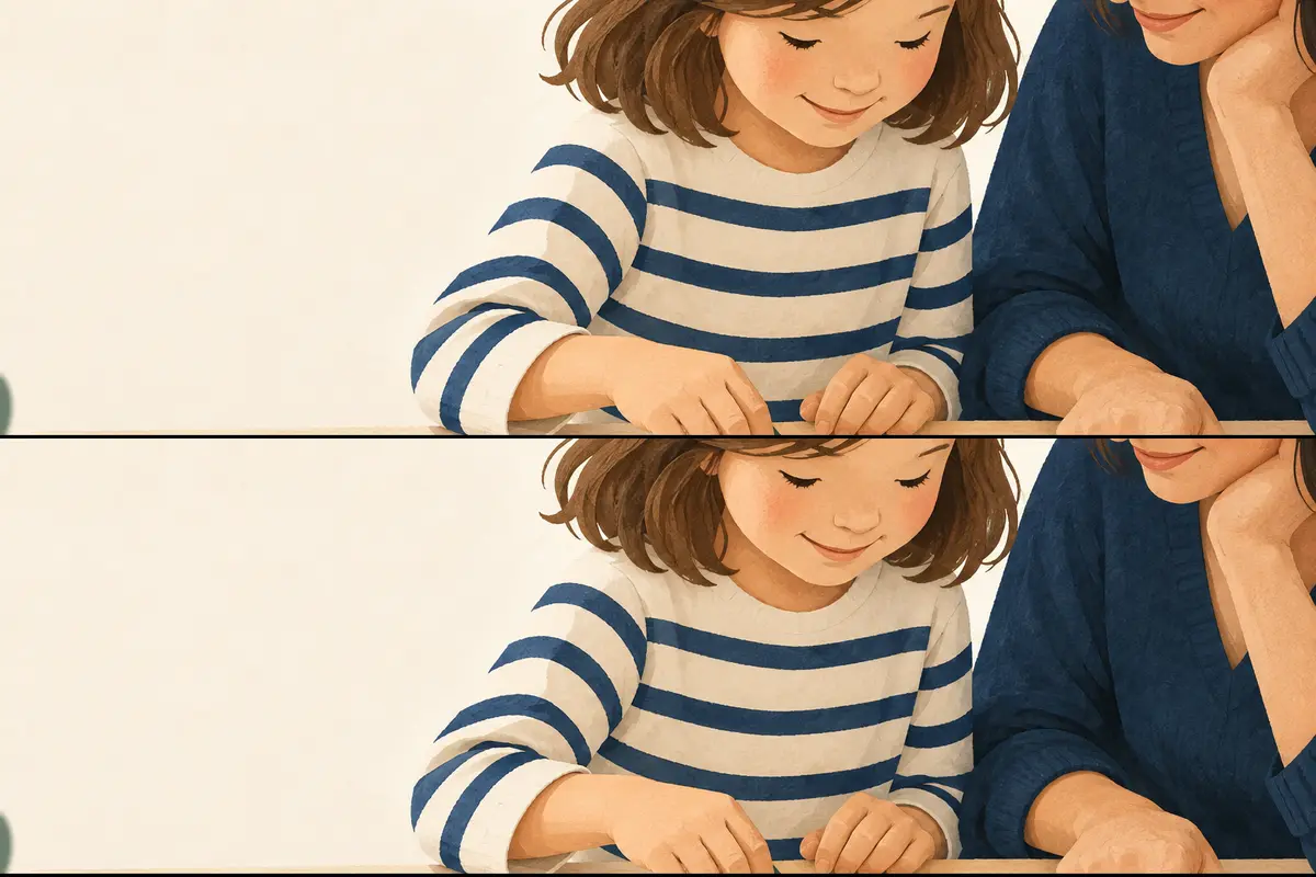 Illustration d’un enfant et d’un adulte découvrant des formes de tangram sur une table.