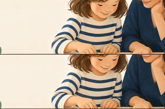 Illustration d’un enfant et d’un adulte découvrant des formes de tangram sur une table.