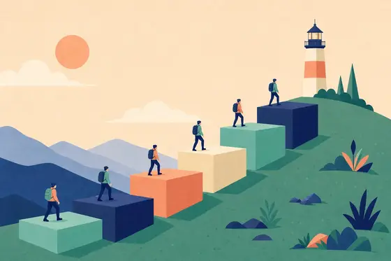 Un escalier de six marches colorées qui monte d'un champ jusqu'à un phare