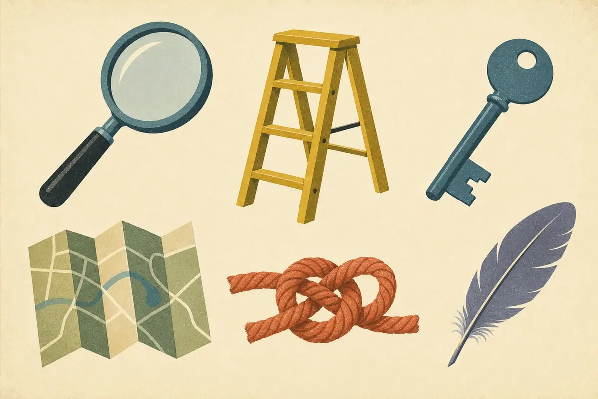 Six outils disposés comme une boîte à outils : loupe, échelle, clé, carte, nœud, plume
