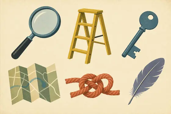 Six outils disposés comme une boîte à outils : loupe, échelle, clé, carte, nœud, plume