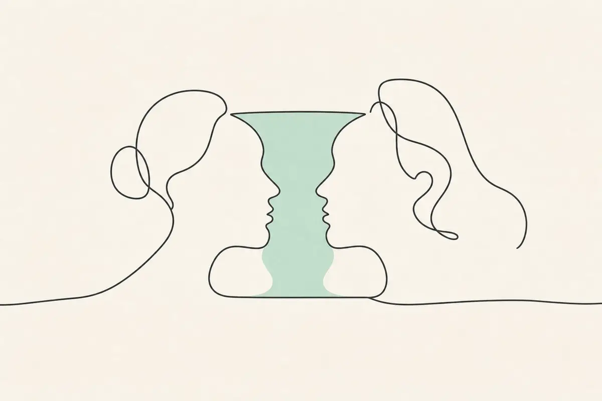 Deux profils se font face, l'espace entre eux dessine un vase