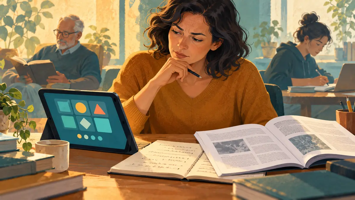 Illustration d’une adulte comparant un jeu cognitif sur tablette avec un article scientifique et ses notes.